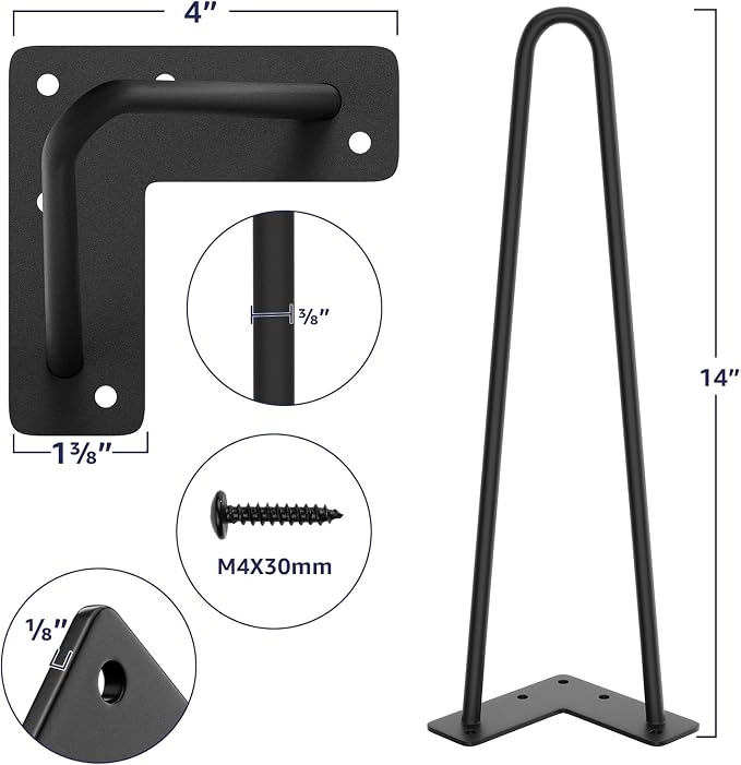 SMARTSTANDARD 14 Inch Heavy Duty Hairpin Furniture Legs, Metal Home DIY Projects for Nightstand, Coffee Table, Desk, etc with Rubber Floor Protectors Black 4PCS