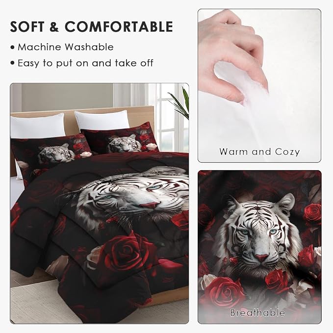 WeCozy Full Size Comforter Set with 2 Pillowcases, White Tiger Wild Animal 3 Pcs Bedding for Kids and Adults, Beautiful Red Rose Flower Soft Comforter Set for Bedroom Bed Decor
