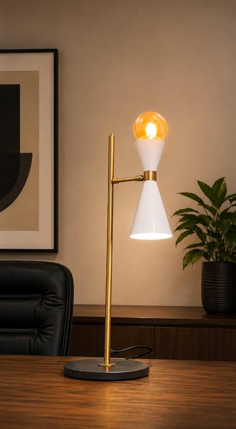 Mid-Century Modern Table Lamp, White and Gold, Dual Cone Shade, Exposed Bulb, Marble Base