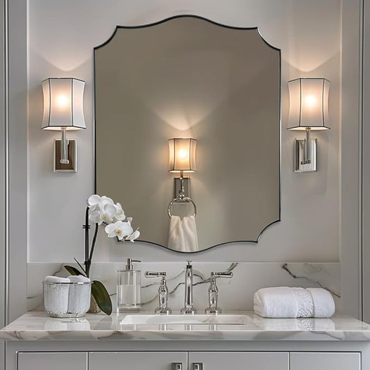 ANDY STAR Scalloped Mirror 28x36 Inch Chrome Rectangle Mirror, Modern Bathroom Mirror for Over Sink, Rust-Proof Stainless Steel 1" Frame, Unique Wave Inspired Style