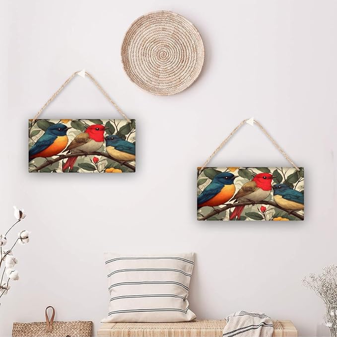 Traditional Birds Portrait Wooden Sign 12x6 Inch - Vintage Decor for Botanical Enthusiasts & Bird Lovers, Ideal for Spaces Celebrating Classic Nature Art