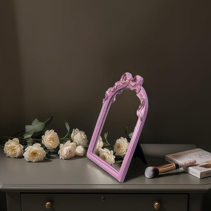 Pink Bow Mirror - 13x10 Inch Elegant Decorative Accent, Wall-Mounted & Tabletop Makeup Mirror for Bedroom Decor