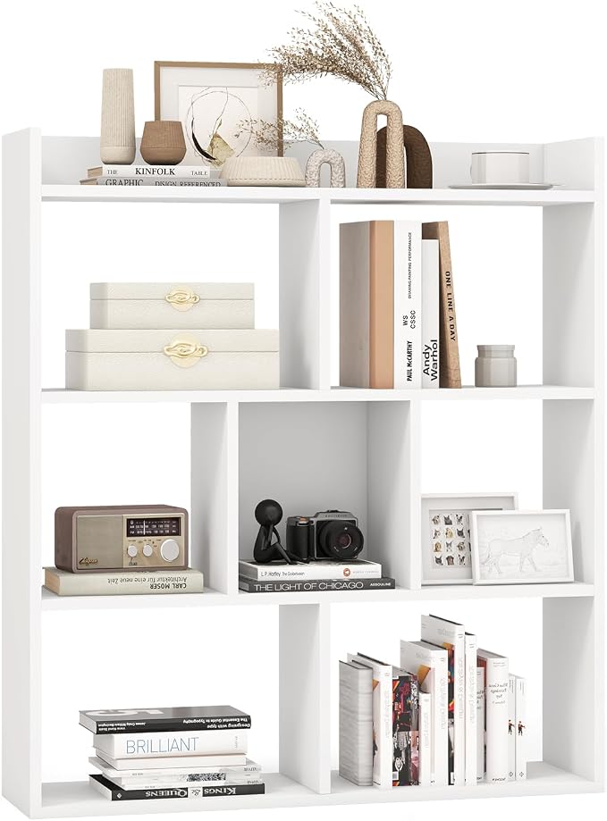 Giantex 7 Cube Bookshelf, Free-Standing Wooden Bookcase, 4 Tier Home Display Shelf, Horizontal Storage Unit w/Anti-Toppling Devices, Open-Back Display Rack for Study, Office, Living Room, White