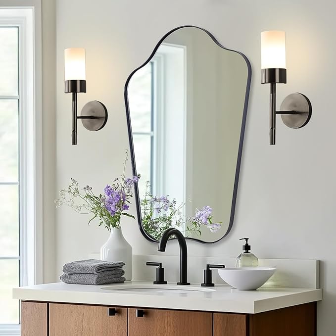 ANDY STAR Scalloped Bathroom Mirror, 24x36 Black Irregular Mirror with Curved Design, Wavy Wall Mirror for Vanity, Powder Room, Stainless Steel Frame, Anti-Rust