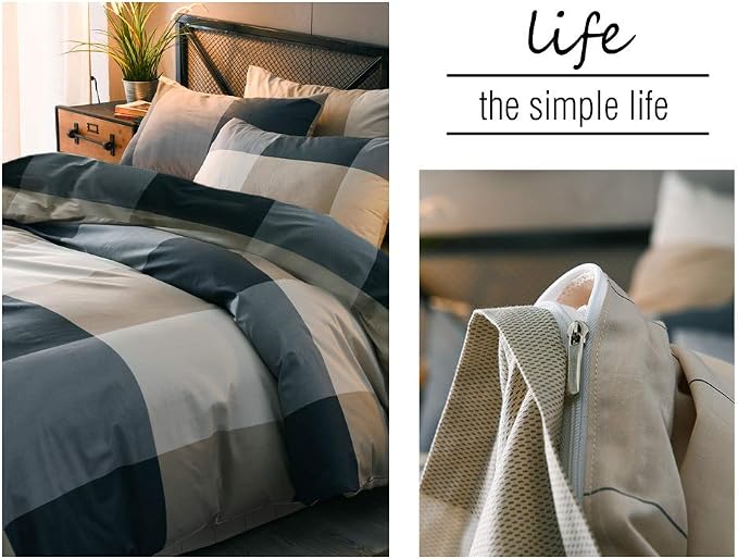 mixinni King Size Checkered Duvet Cover Set - 3 Piece Grey Geometric Cotton Bedding Set with Zipper Closure & Corner Ties, 100% Washed Cotton Soft Breathable Duvet Cover for Men, Women, Teens (King)