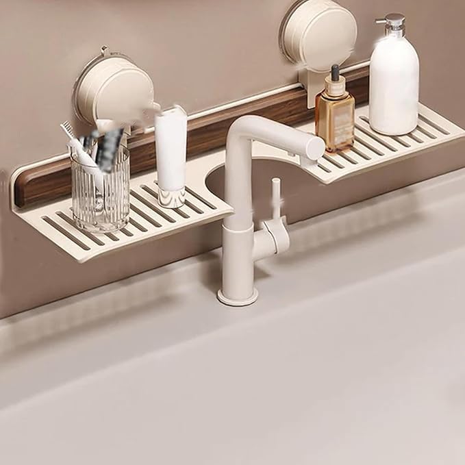 Walnut Bathroom Suction Cup Shelf - Wall Mounted Sink Shelf Over Faucet for Bathroom & Kitchen, Removable Suction Cup Sink Over Faucet Organizer, Floating Storage Countertop Shelves (White_40CM)