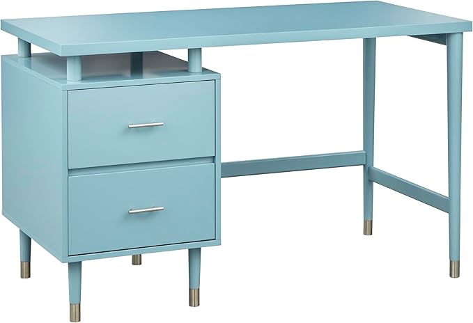 Margo 50" Wide Mid-Century Modern Wood Desk with Drawers, Stylish Elevated Top Design, Solid Pine Wood Tapered Legs, Computer Desk for Home Office & Study, Blue