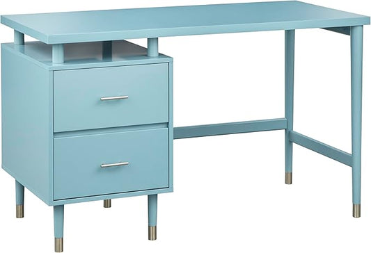 Margo 50" Wide Mid-Century Modern Wood Desk with Drawers, Stylish Elevated Top Design, Solid Pine Wood Tapered Legs, Computer Desk for Home Office & Study, Blue