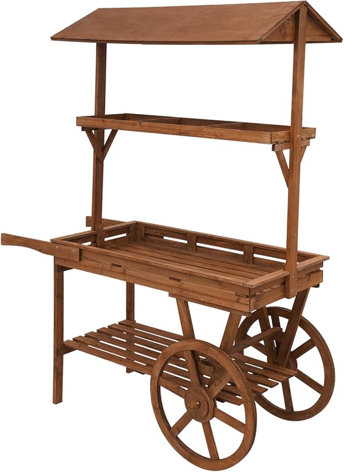 3-Tier Retro Flower Display Cart, Rolling Plant Stand Cart 55lbs Capacity, Wooden Tiered Shelf with Wheels for Indoor Plants, Flowers, Home Decor (Brown)