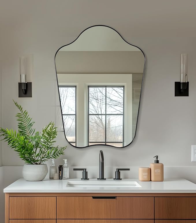 ANDY STAR Scalloped Bathroom Mirror, 24x36 Black Irregular Mirror with Curved Design, Wavy Wall Mirror for Vanity, Powder Room, Stainless Steel Frame, Anti-Rust