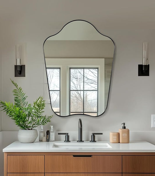 ANDY STAR Scalloped Bathroom Mirror, 22x30 Black Irregular Mirror with Curved Design, Wavy Wall Mirror for Vanity, Powder Room, Stainless Steel Frame, Anti-Rust