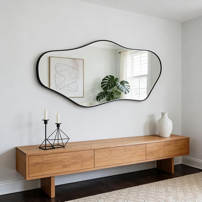 Irregular Mirror Full Length, 63"x29" Large Asymmetrical Wall Mirror for Dressing, Modern Black Metal Frame Abstract Wall Mirrors for Living Room Bathroom Bedroom Hallway Entryway