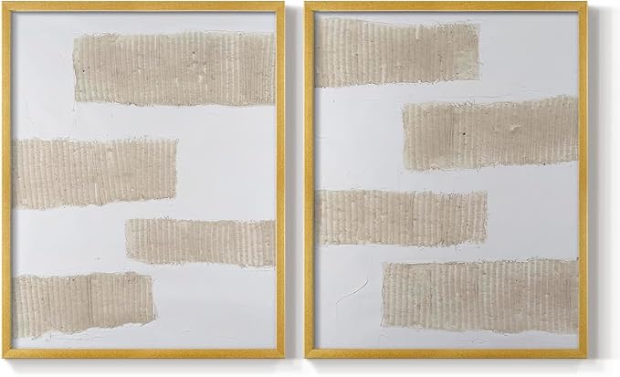 Renditions Gallery Set of 2 Peel & Stick Framed Prints, Modern Abstract Wall Art, Textured Brush Strokes Wall Decor, Re-Stickable - Ready to Hang - 16"x20" - GOLD Frame LT588