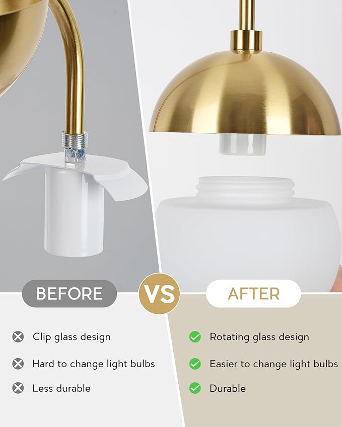 LMS Modern Gold Table Lamp with White Glass Globe, Gold Desk Light Bedside Lamp with Brushed Brass Finished for Living Room Office Nightstand, Dimmable Switch