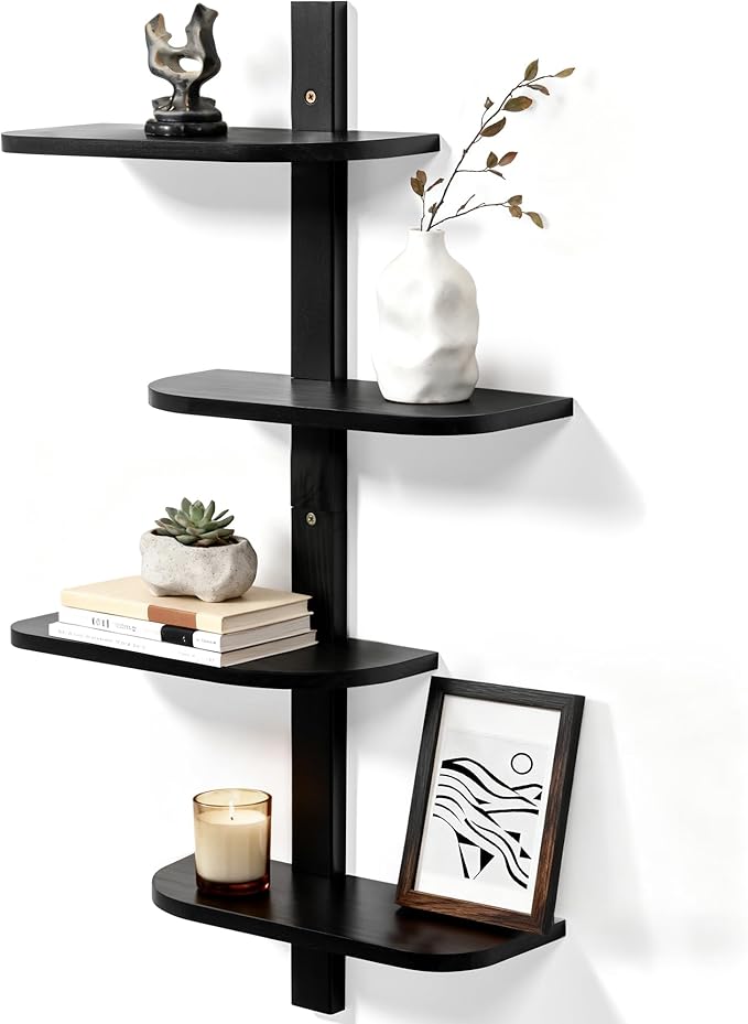 Afuly Black Floating Shelves for Wall Display Shelf Unit Modern Decorative Solid Wood Shelving Home Decor Living Room Bedroom Coffee Bar Bathroom Small Space Plant Photo Set of 4
