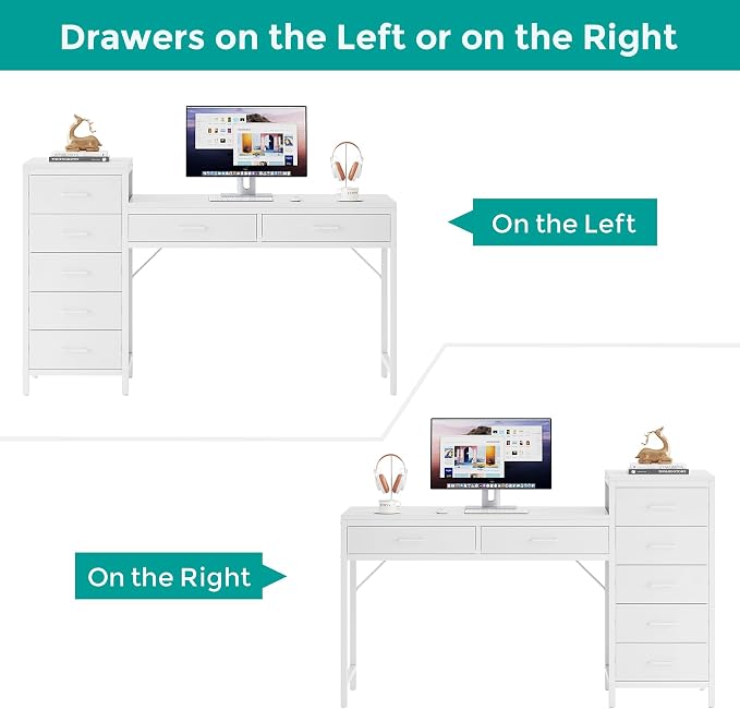 Computer Desk with Reversible Drawer, 55 inch Home Office Desks with 7 Drawers, Modern Compact Study Writing Table Workstation with Storage for Small Spaces, All White