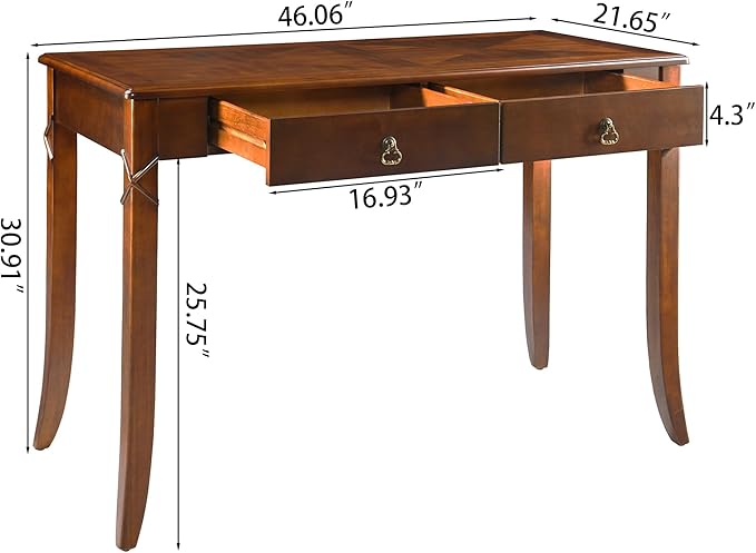 Solid Wood Writing Desk, Home Office Desks with 2 Storage Drawers, 46" Mid-Century Modern Walnut Tables, Computer Desk for Home Office, Easy Assembly Vanity Desk, Study Table Station BSZDR200