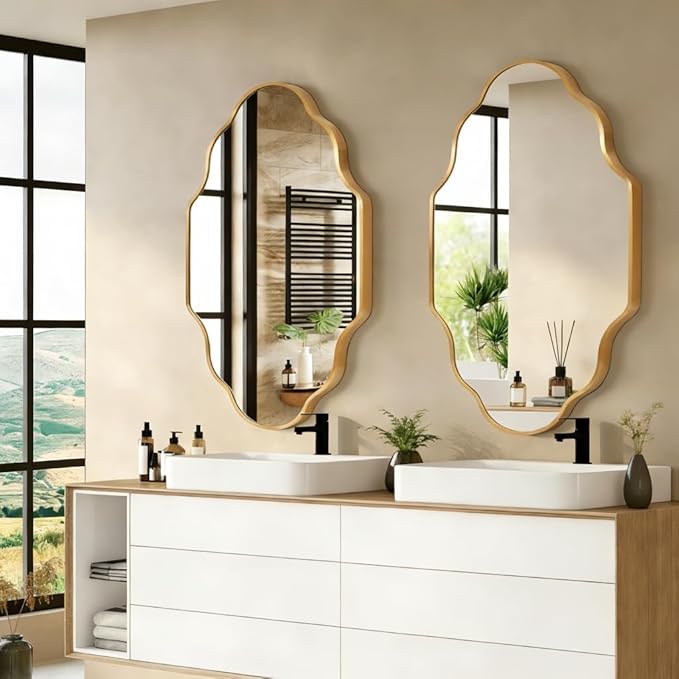 Gold Scalloped Bathroom Mirror, Irregular Wall Mirror with Brushed Metal Frame, HD Glass Decorative Mirror for Wall Decor, Vanity Mirror for Bathroom, Bedroom & Entryway (20" x 36", 2 Pack)