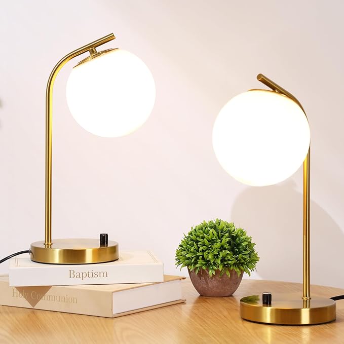 Gold Globe Dimmable Table Lamp Set of 2, Nightstand Lamps Mid Century Modern Desk Lamp with White Glass Shade for Living Room Bedroom, Study Room