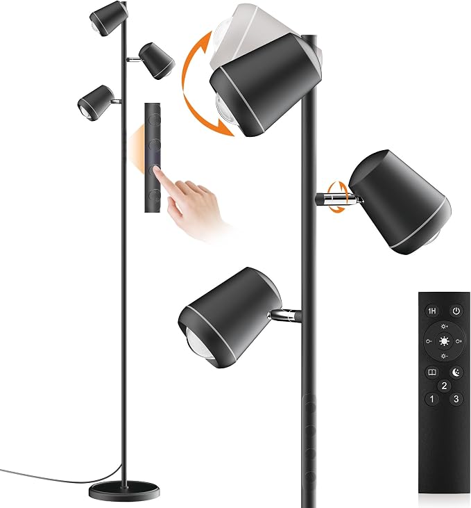 SIBRILLE 36W LED Tree Floor Lamp, Upgraded 3 Rotatable Lights Standing Lamp with Remote & Touch Control, Dimmable Tall Lamp Modern Floor Lamps for Living Room Bedroom Office