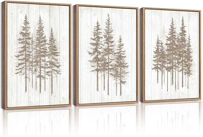 KUVIOKE Foggy Misty Pine Tree Framed Wall Art Watercolor Nature Abstract Forests Wall Decor Rustic Minimalist Painting for Bedroom Dining Room 12x16in (Natural Framed)