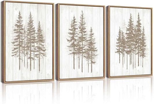 KUVIOKE Foggy Misty Pine Tree Framed Wall Art Watercolor Nature Abstract Forests Wall Decor Rustic Minimalist Painting for Bedroom Dining Room 12x16in (Natural Framed)