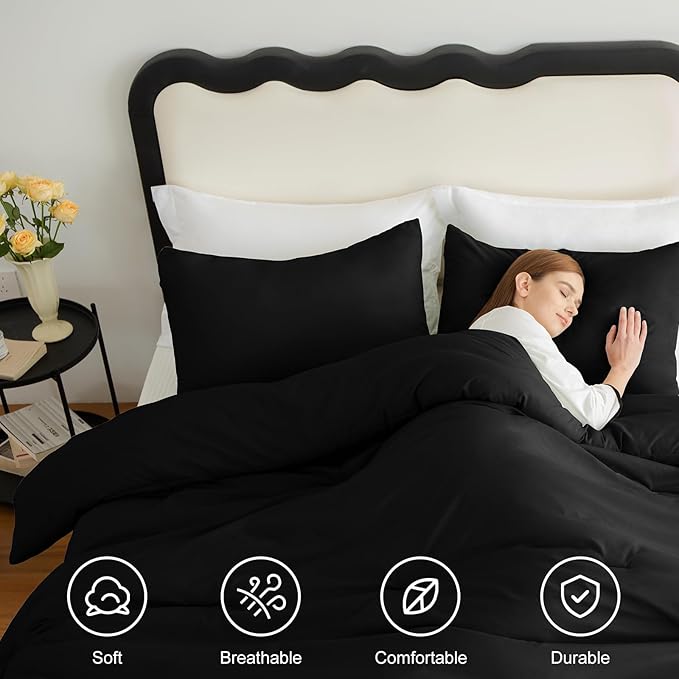 CozyLux Twin Comforter Set College Dorm Essentials, 2 Pieces Black Twin Extra Long Solid Bedding Sets, Twin XL Bed Set with Down Alternative Comforter and 1 Pillowcase, Back to School Room Gift
