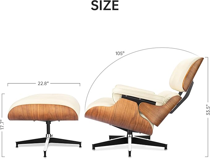 Top Cream White Grain Leather, Mid Century Chaise Lounge Chair and Ottoman, Modern Chair Classic Design, Walnut Wood, Heavy Duty Base Support for Living Room Office