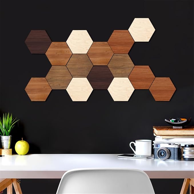 Wooden Multi Color Wall Art Decals, 15 PCS 3D Hexagon Wall Tiles for Office, Living Room, Bedroom, Home