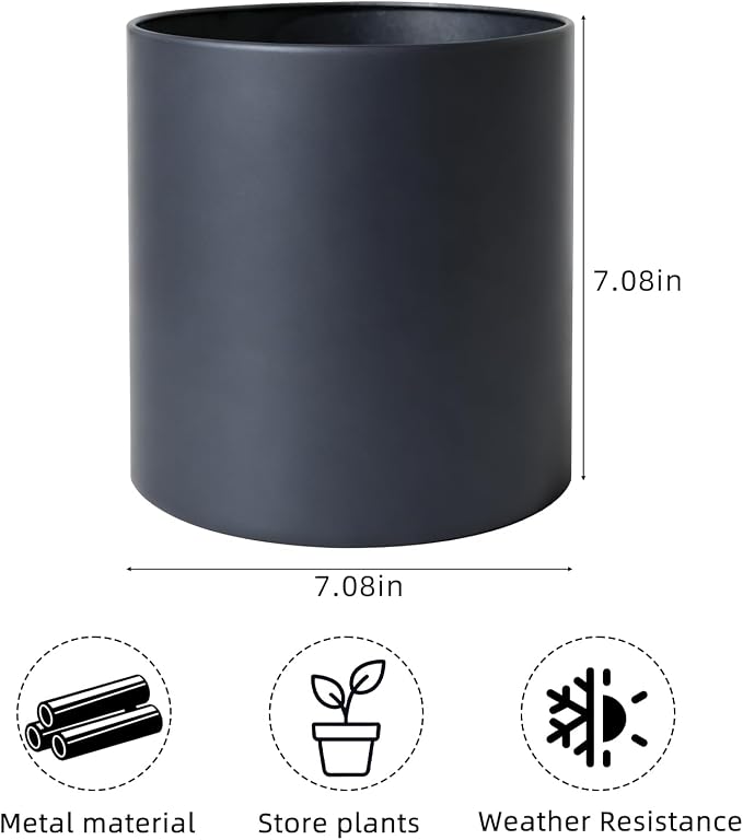 Metal Plant Pot with Drainage Hole,Mid Century Modern 7 inch Round Small Pot Indoor Outdoor Planters Gift for Decorative Pots of Tabletop Living Room Bedroom Grey