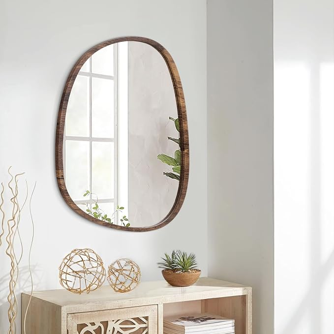 Asymmetrical Wall Mirror with Wood Frame Irregular Modern Hanging Mirror for Wall for Vanity Living Room Bedroom Bathroom Entryway Hallway Modern Unique Decorative Artistic Mirror