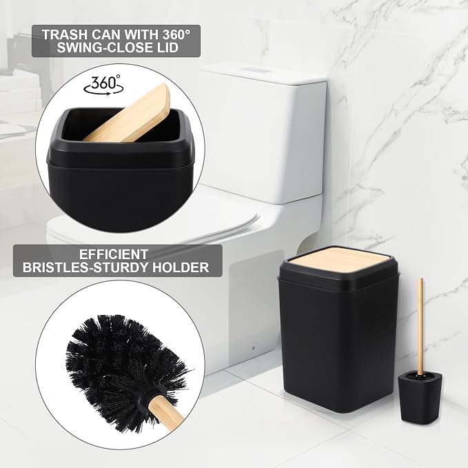 XLHOMO 34PCS Black Bathroom Accessories Sets Complete, with Shower Curtain, Rugs, Trash Can and Toilet Brush, 3PCS 17oz Soap Dispenser Wall Mounted, Toothbrush Holder and Cup, Soap Dish, Qtip Holder