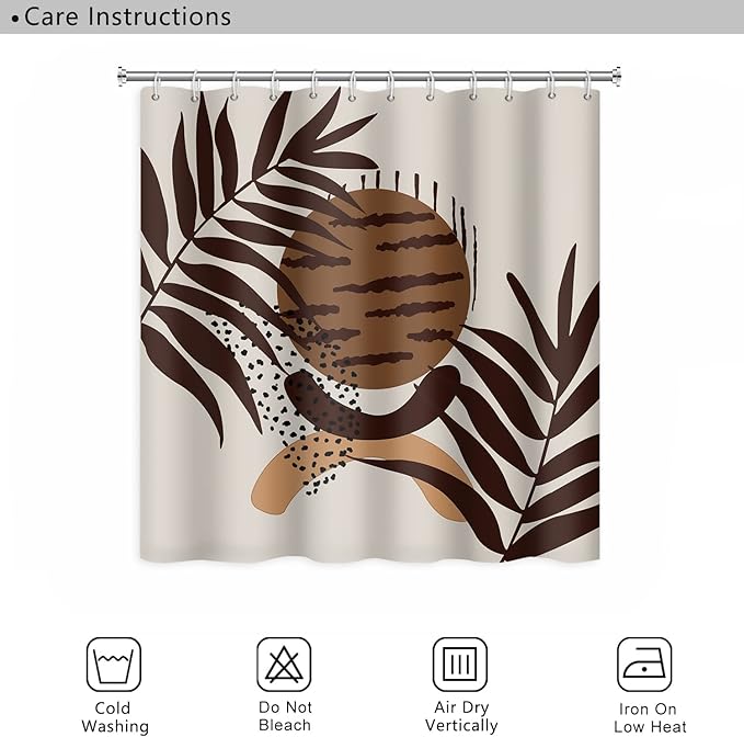Mid Century Boho Shower Curtain 60x72 Inch Abstract Geometric Brown Plant Leaves Sun Modern Minimalist Shower Curtain for Bathroom Decoration with Hooks Waterproof Polyester Fabric