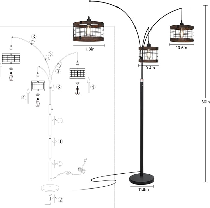 3-Lights Vintage Wood Floor Lamps for Living Room, Black Arc Floor Lamp for Bedroom, Industrial Standing Lamp for Office, Dimmable Tall Lamp, Arched Corner Floor Lamp, Over Couch Reading Lamp