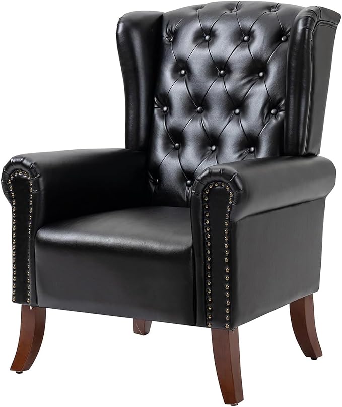 Faux Leather Accent Chair, Mid-Century High Back Armchair Upholstered Club Sofa Chair with Wooden Legs, Living Room Chair for Bedroom, Office, Lounge (Black)