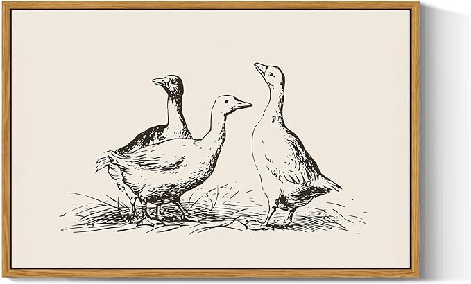 ARPEOTCY Vintage Framed Canvas Wall Art, 16x24 Inch Sketch Cute Duck Picture Nursery Decor, Large Animal Wall Art for Living Room Bedroom, Vintage Rustic Retro Home Decor Aesthetic
