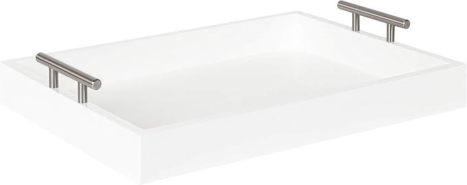 Kate and Laurel Lipton Modern Rectangular Tray, 16.5 x 12.25, White and Silver, Decorative Accent Tray for Storage and Display