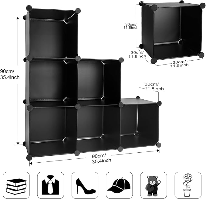 Cube Storage Organizer, 6-Cube DIY Plastic Closet Cabinet Modular Bookcase, Storage Shelves for Bedroom Living Room, Office, Black