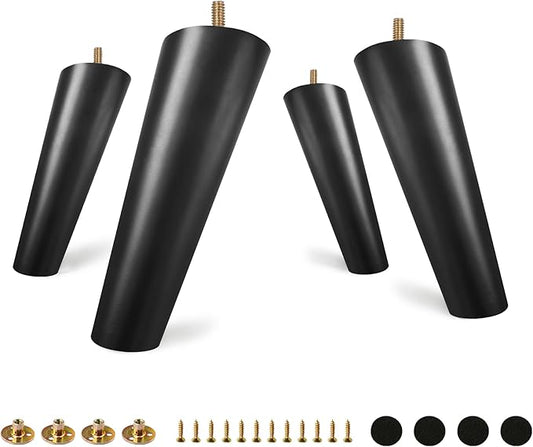 FoDau770 Black Rubber Wood Furniture Legs 9 Inches, Slant Tapered Wood Feet Mid Century Sofa Legs Set of 4, 5/16" UNC Furniture Feet Replacement Parts for Cabinet Couch Dresser Chair Ottoman Table