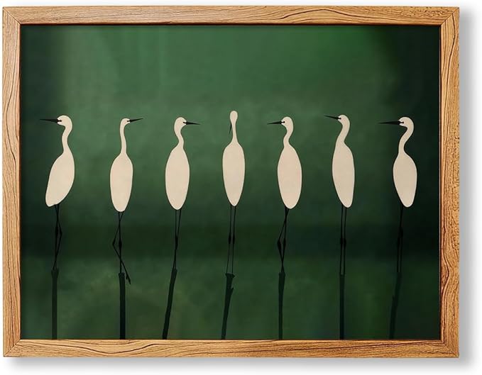 Japanese Cranes Wall Art 12x16 inch Framed Retro Bird Animal Canvas Poster Nature Minimalist Green Home Prints for Living Room Bedroom Office Decor