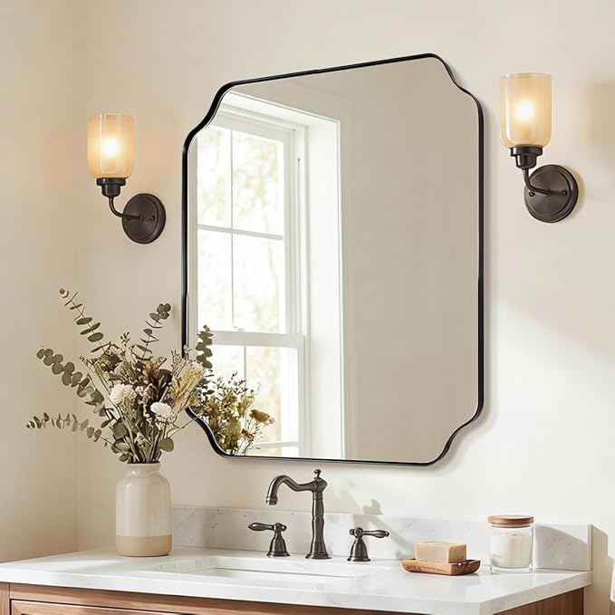 ANDY STAR 30x36 Inch Bathroom Mirror, Matte Black Vanity Mirror, Modern Scalloped Mirror in Premium Stainless Steel Metal Thin Frame, Unique Rounded Notched Corners, Hangs Vertically or Horizontally