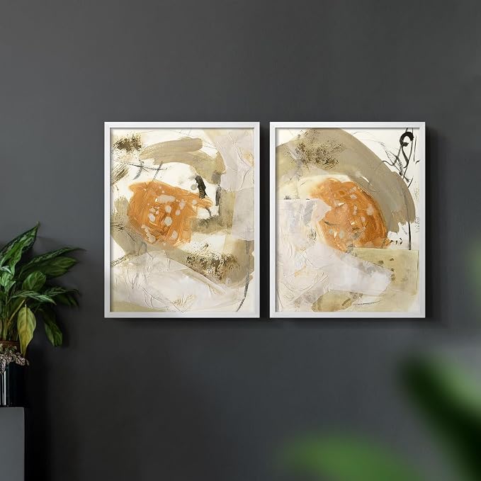 Renditions Gallery Set of 2 Peel & Stick Framed Prints, Neutral Abstract Wall Art, Earthy Tones Blended Brushstrokes Wall Decor, Re-Stickable - Ready to Hang - 16"x20" - White Frame LT588
