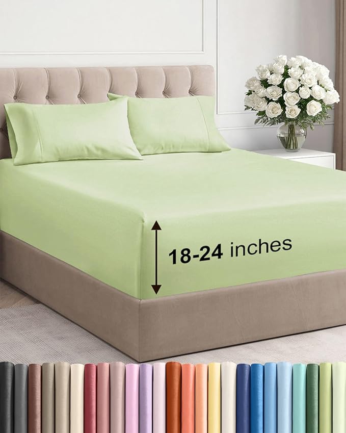 Extra Deep Twin Sheet Set - 4 Piece Breathable and Cooling Sheets - Hotel Luxury Bedding for Women, Men, Kids & Teens - Easy & Secure Fit - Soft, Wrinkle Free & Comfy - Extra Deep Pockets - Light Sage