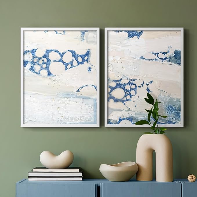 Renditions Gallery Set of 2 Peel & Stick Framed Prints, Textured Abstract Wall Art, Beach Themed Bubble Design Wall Decor, Re-Stickable - Ready to Hang - 22"x28" - White Frame LT588