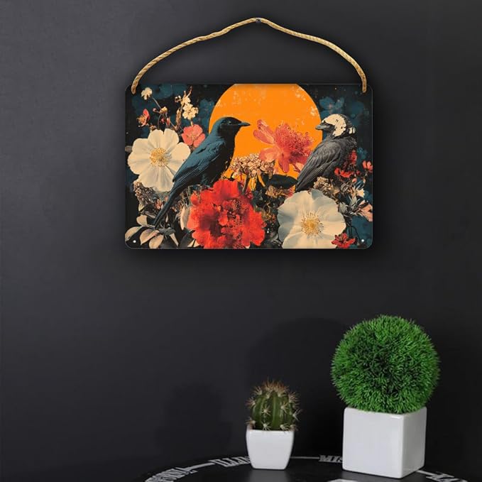 Vintage Black Bird Amidst Red-White Flowers Wooden Sign 12x8 Inch - Eclectic Bedroom Decor for Retro Fans - Thoughtful Gift for Unique Interior Seekers