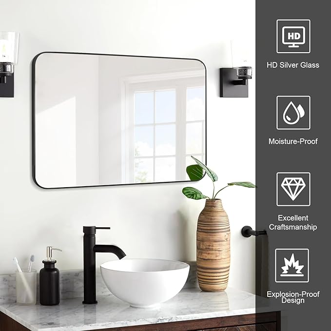 Black Bathroom Mirror 30X48 Inch Rounded Rectangle Wall Mirror Stainless Steel Metal Frame Vanity Mirror Anti-Rust for Entryway, Bathroom, Vanity, Living Room Hangs Vertically or Horizontally