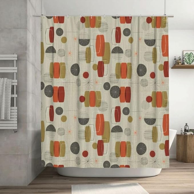 Mid Century Shower Curtain Modern Abstract Geometric Shapes Retro Texture Pattern Duty Fabric Shower Curtains Set Bathroom Polyester Waterproof with 12 Hooks,72x72Inch（183x183cm）