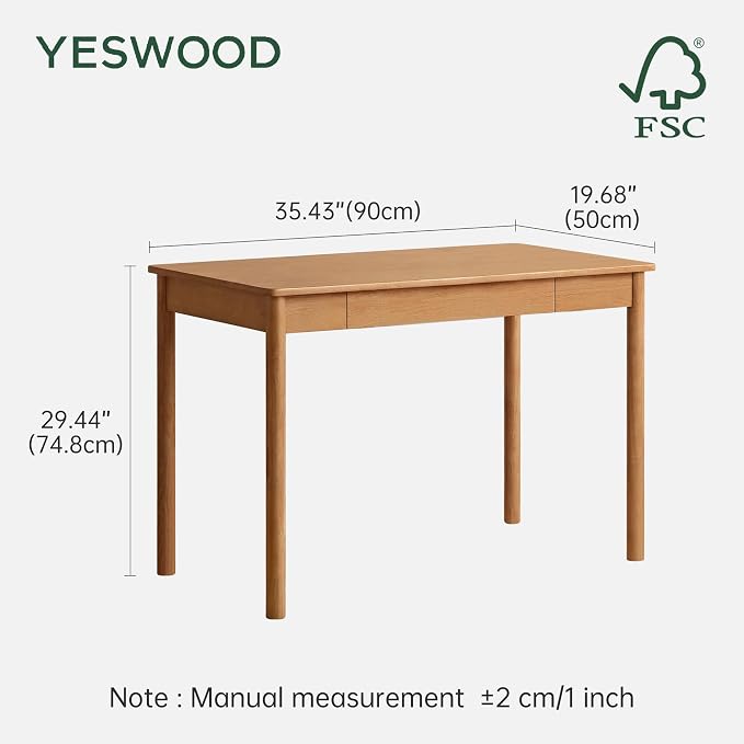 YESWOOD 100% Solid Wood Desk, Mid Century Modern Computer Desk, Home Office Writing Desk with Drawers for Study Living Room Natural Wood Color(35.43" W)