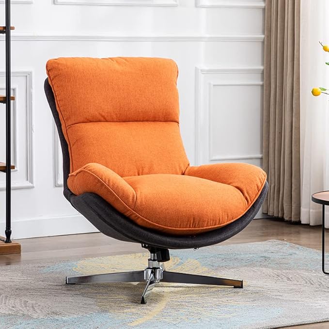 DUOMAY Swivel Accent Chair, Modern Linen Soft Foam Lounge Chair with High Back, Comfy Rocker Chair for Living Room Bedroom Reading Room Office, Tilt & Swivel, Chrome Base, Orange