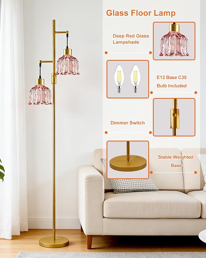 2-Light Modern Glass Floor Lamp, Gold Tall Standing Lamp with Deep Red Flower Glass Shade for Reading, Dimmable LED Floor Lamp with 5Lbs Heavy Base for Living Room Bedroom Home Decor, Bulb Included